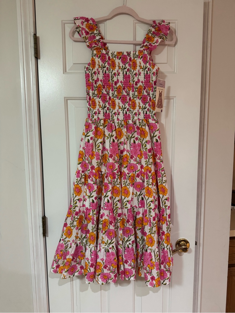 Blueberi Boulevard Pink & Yellow Floral Smocked Midi Dress